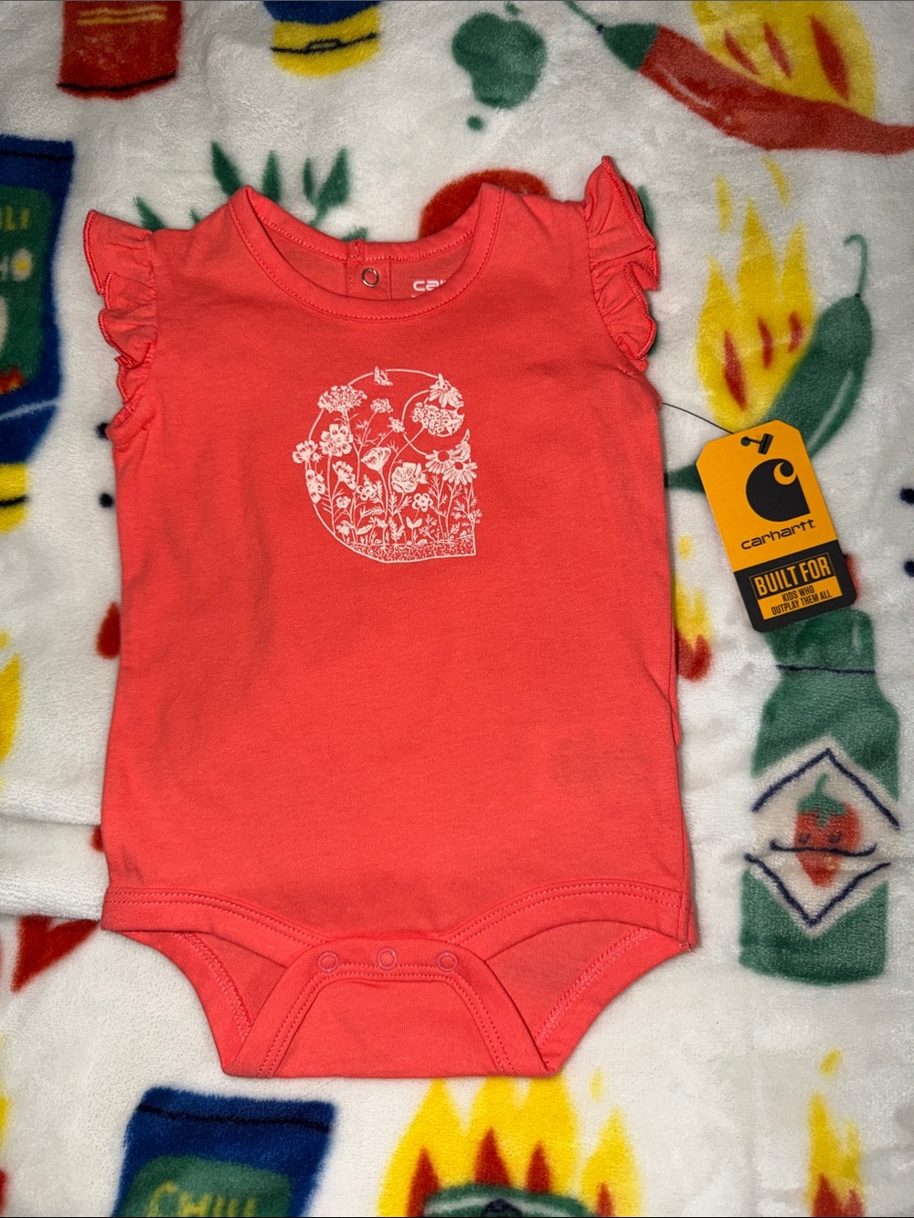 Carhartt Coral Ruffle-Sleeve Floral Baby Bodysuit